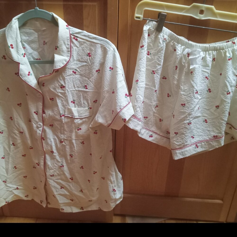 2 Piece White Cherry Pajama Set